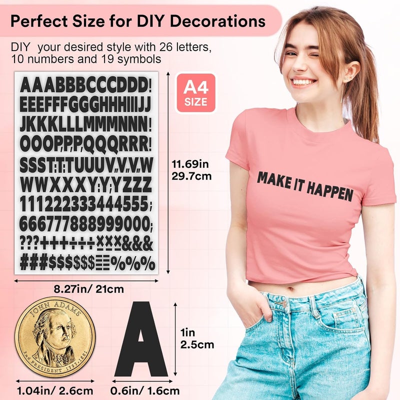 Comkrivy 5 Sheets 830 Pieces Iron on Letters and Numbers for Clothing, 1 Inch Iron on Vinyl Letters with A-Z Heat Transfer Letters 0-9 Iron on Numbers PU Alphabet Stickers for T-Shirt Printing DIY Craft, Black - Image 2